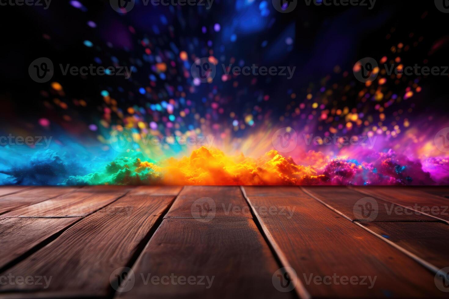 AI generated Colorful Holi powders on a top table with bokeh lights for mockup , AI generative photo