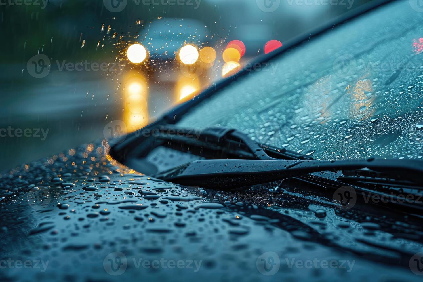 AI generated Car windshield with rain drops and frameless wiper blade closeup. ai generative photo