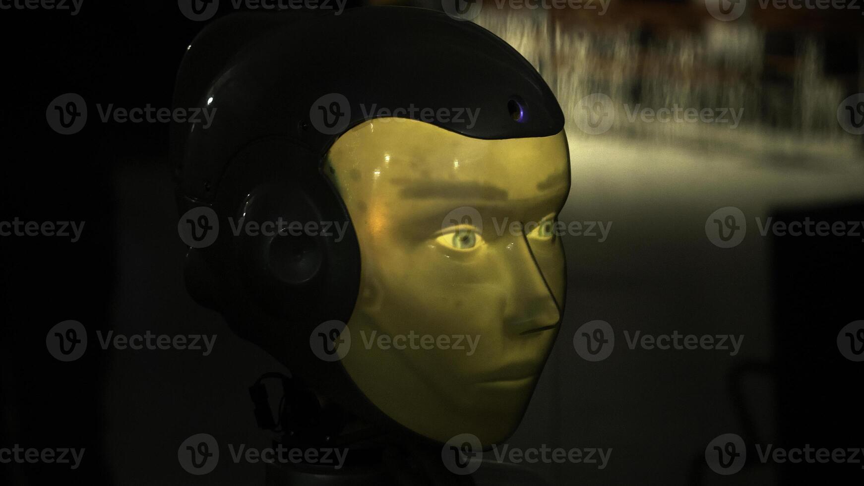 Concept of artificial intelligence and modern technologies in robotics. HDR. Close up of human like head of a robot. photo