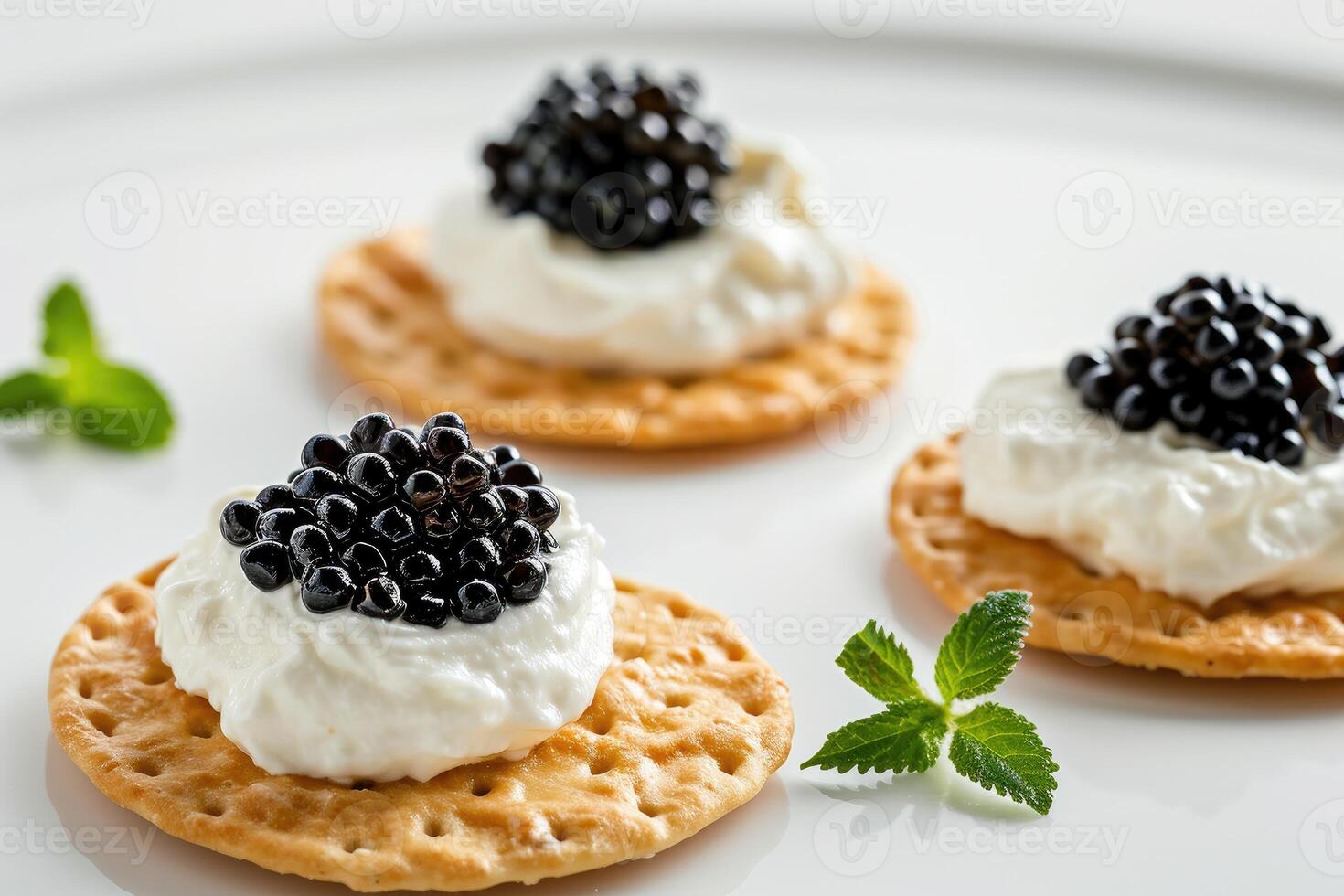 AI generated crackers with cream cheese and black caviar, white backgroud. Generative AI. photo