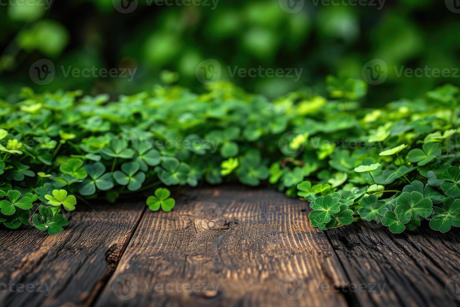 AI generated St. Patrick's Day concept. wooden table in front of shamrock leaf background . Generative Ai. photo