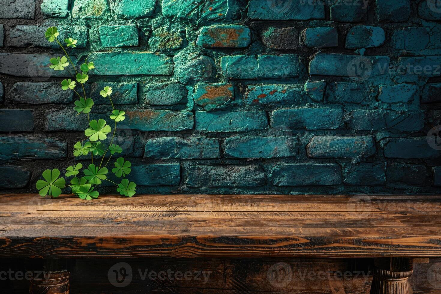 AI generated St. Patrick's Day concept. wooden table in front of shamrock leaf background . Generative Ai. photo