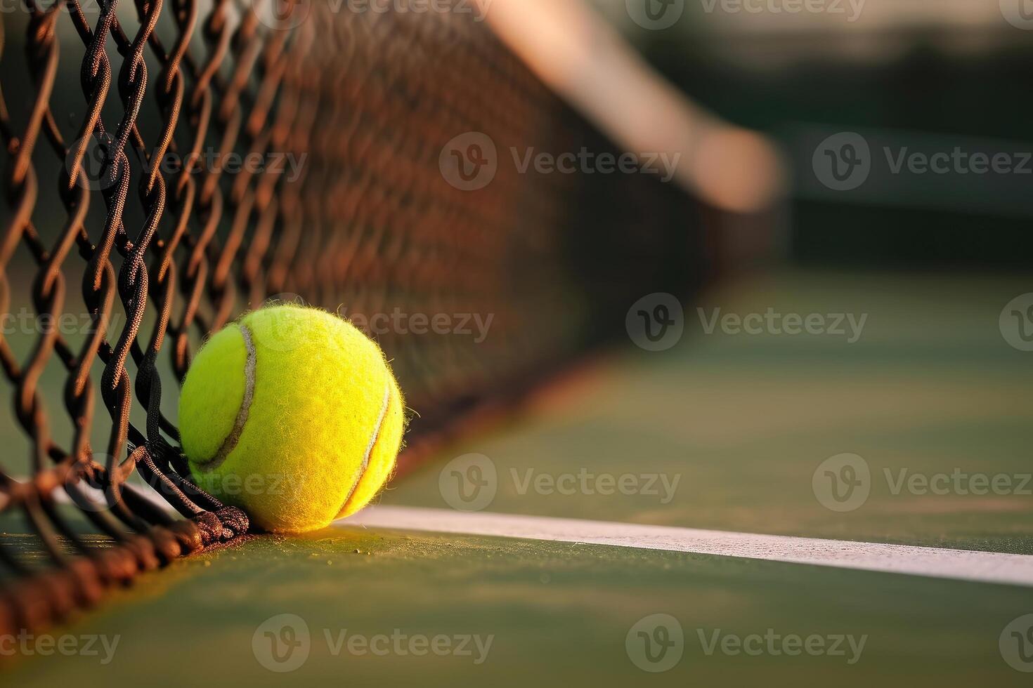 AI generated tennis ball on the line court near net . generative ai photo