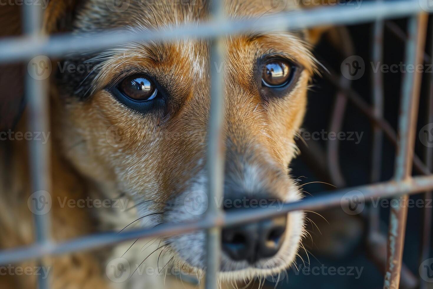 AI generated close up Sad large dogs caught in cage. Generative AI photo