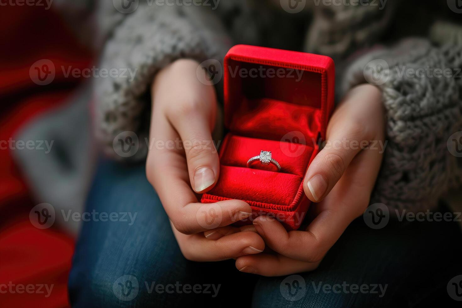 AI generated diamond ring in red box in woman hand on . ai generative photo