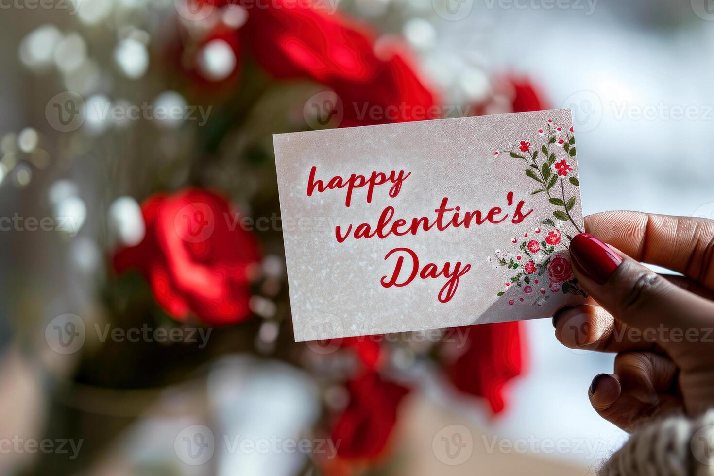 AI generated woman hold Happy valentines day greeting card. valentine day concept .generative ai photo