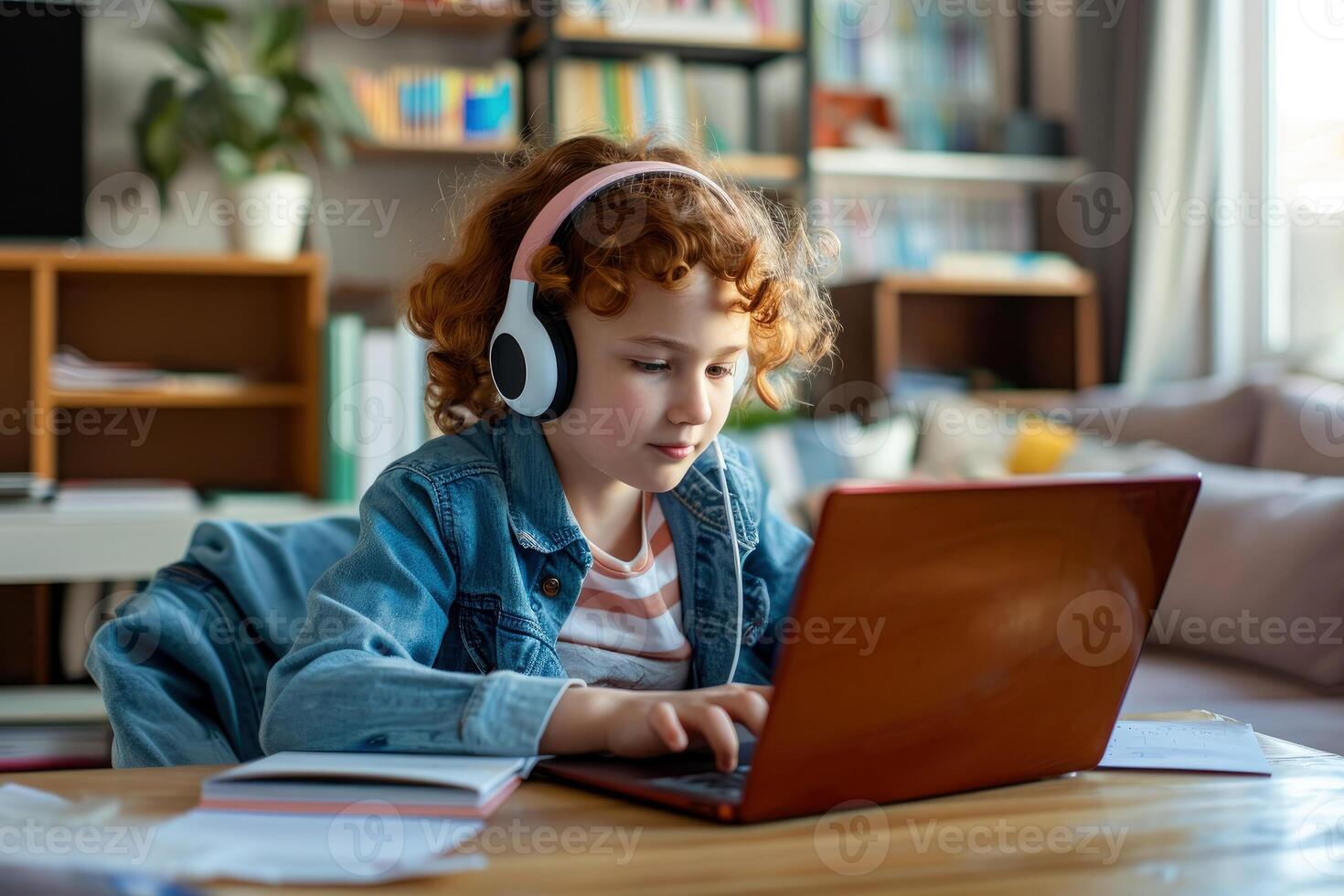AI generated portrait of a boy with headphones online learning in home . generative AI photo