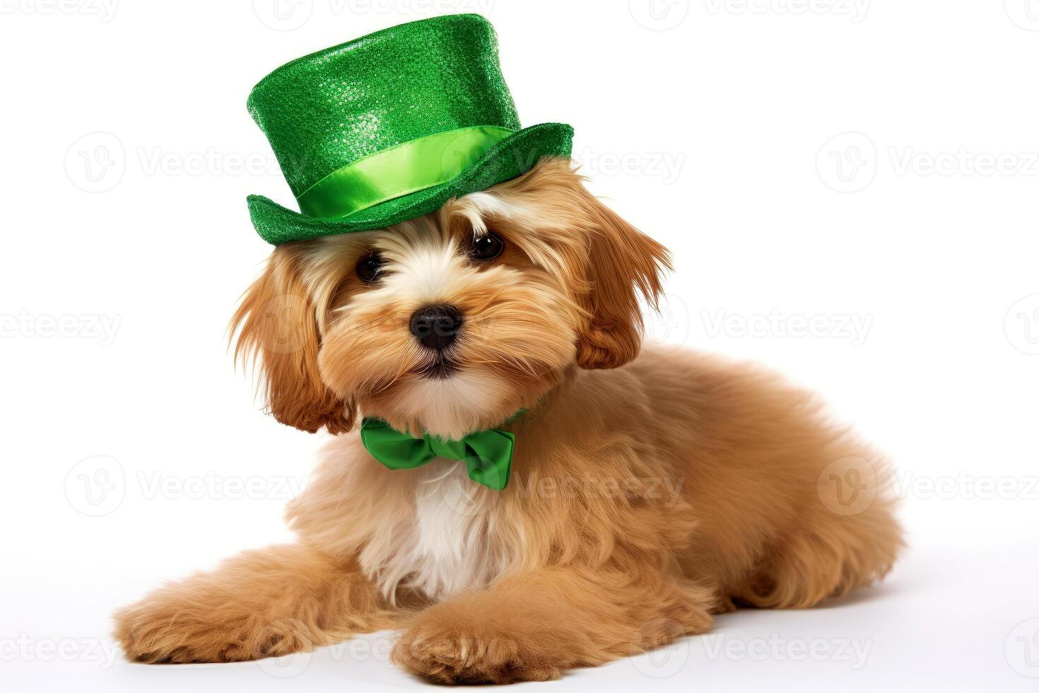 AI generated a dog portrait with a hat for St. Patrick's Day, in the style of fantasy illustration. Generative AI photo