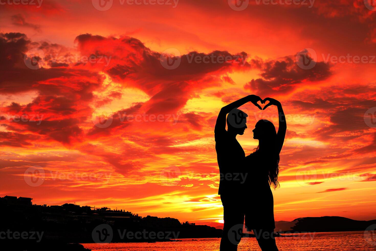 AI generated A couple of love makes a heart-shaped gesture, while the sunset. AI Background photo