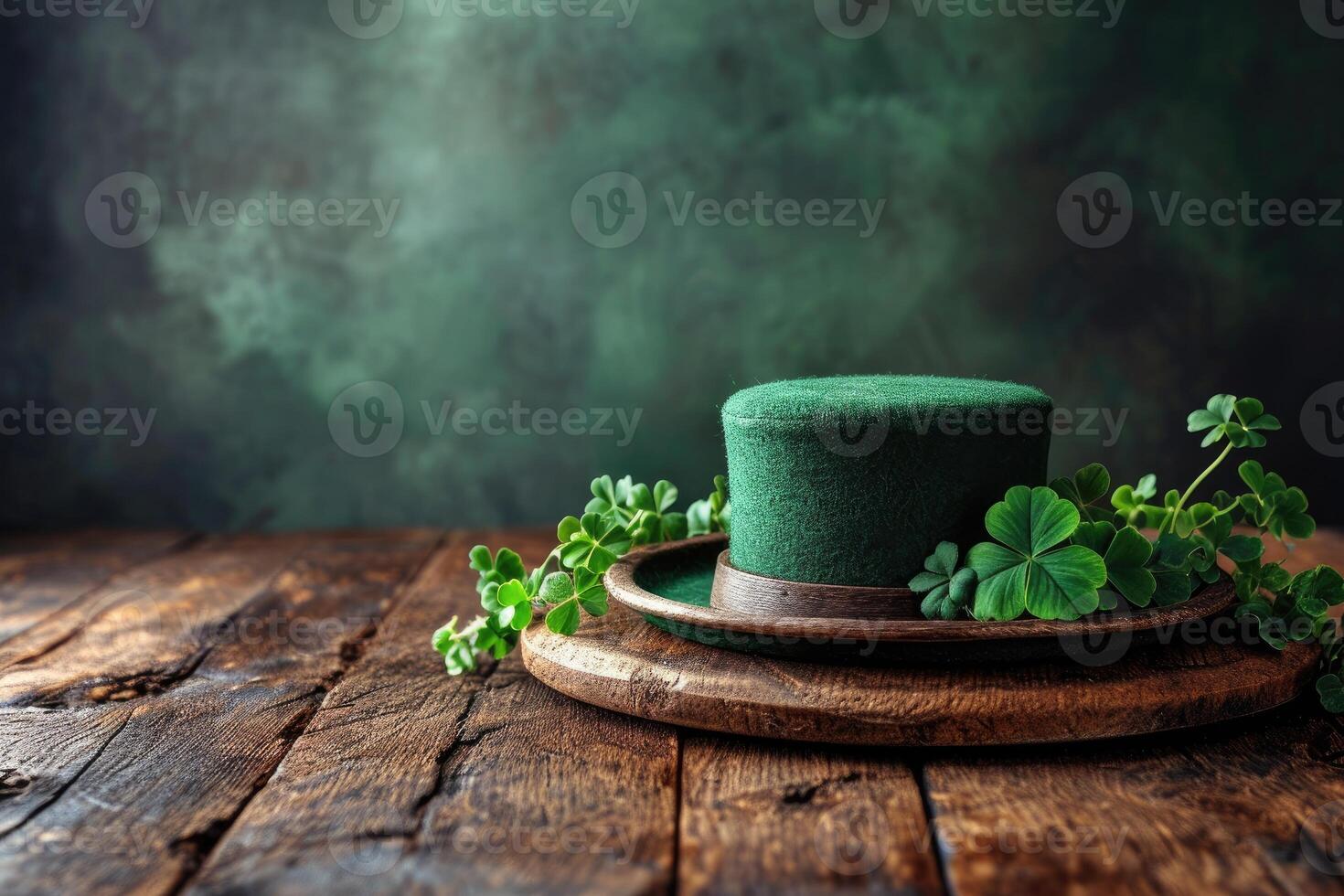 AI generated St. Patrick's Day concept. wooden table in front of shamrock leaf background . Generative Ai. photo