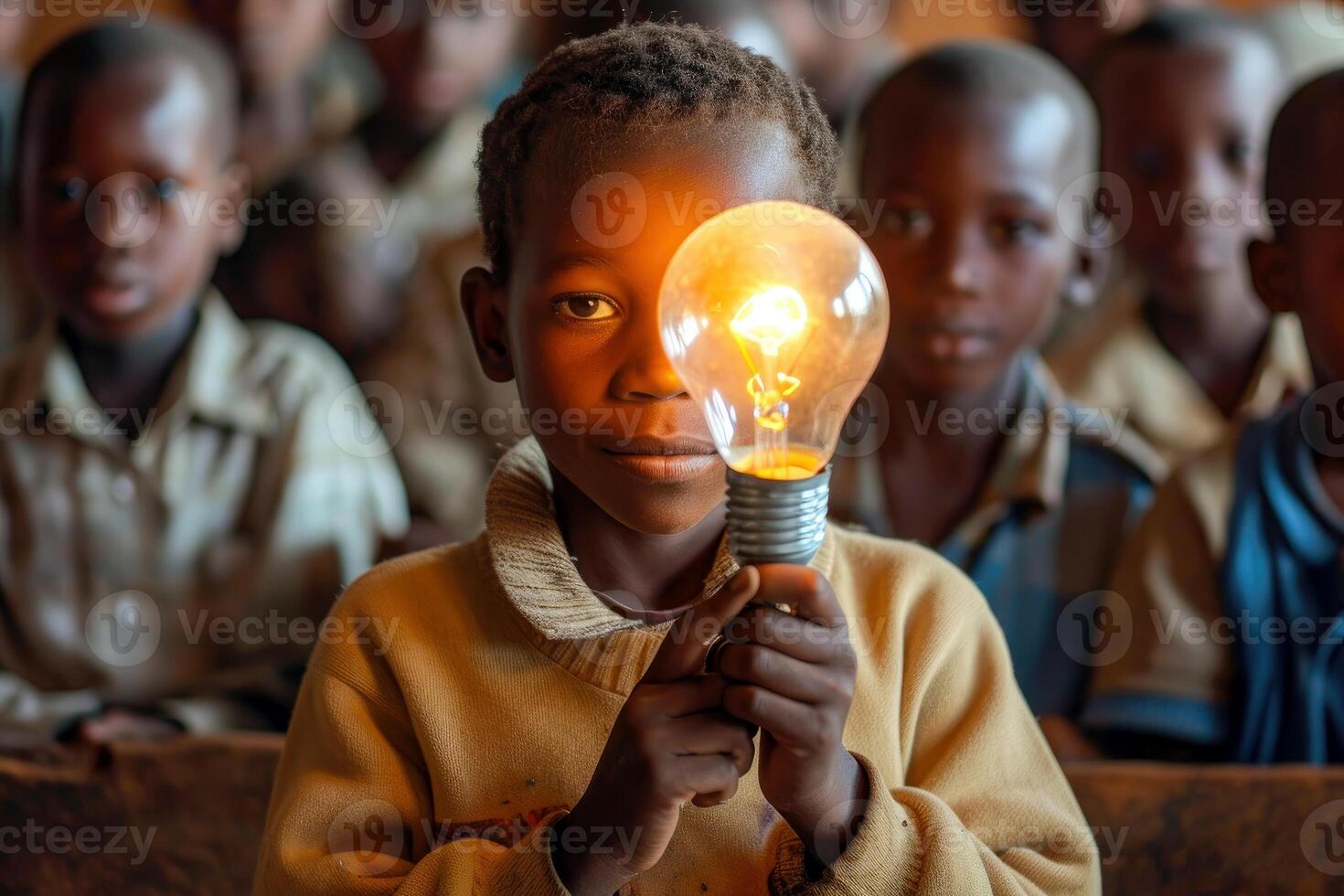 AI generated African Child holding a light bulb in the classroom, concept of ideas and creativity. Generative AI photo