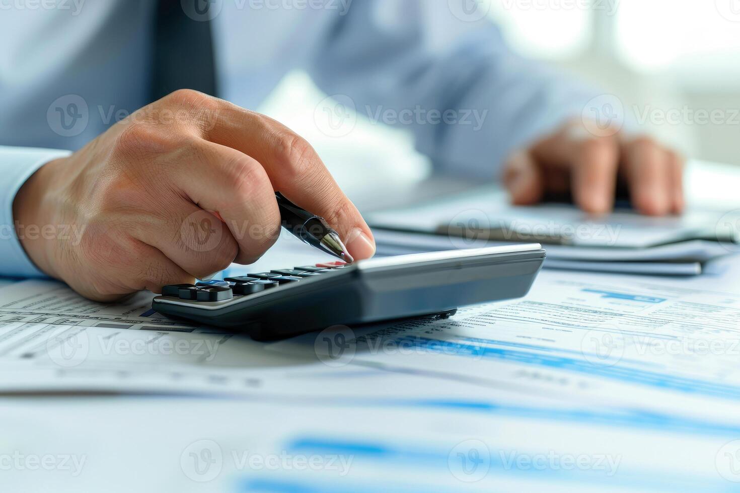 AI generated Financial data analyzing counting concept for Businessman's hands with calculator and laptop on desk in modern office. Generative AI photo