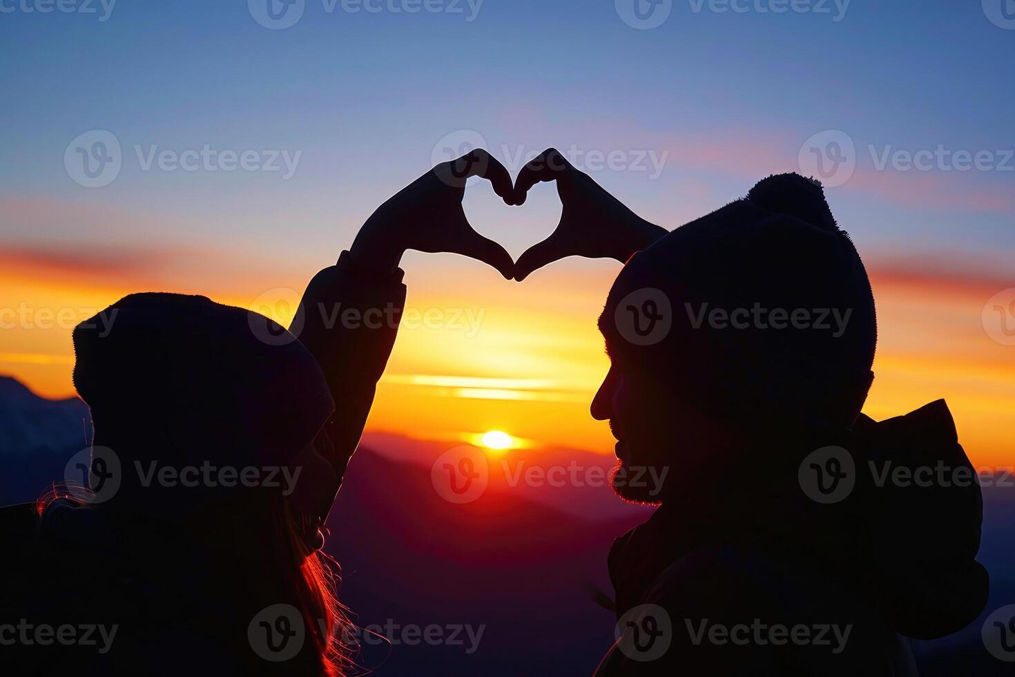 AI generated A couple of love makes a heart-shaped gesture, while the sunset. AI Background photo