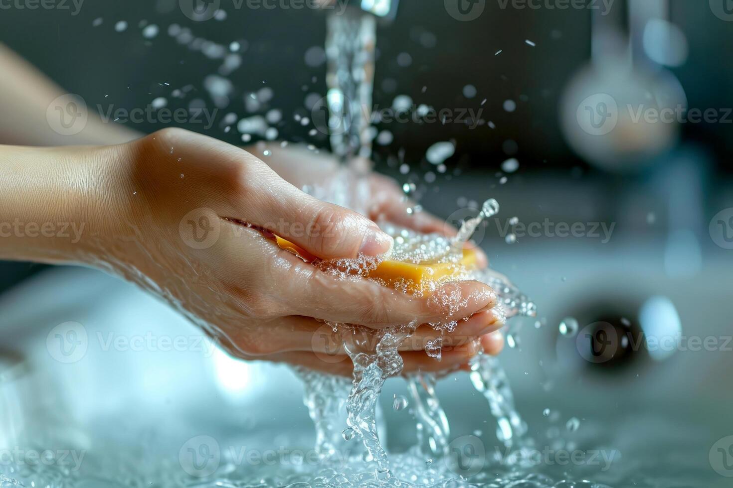 AI generated Close up shot of hands washing in the sink. Generative AI photo