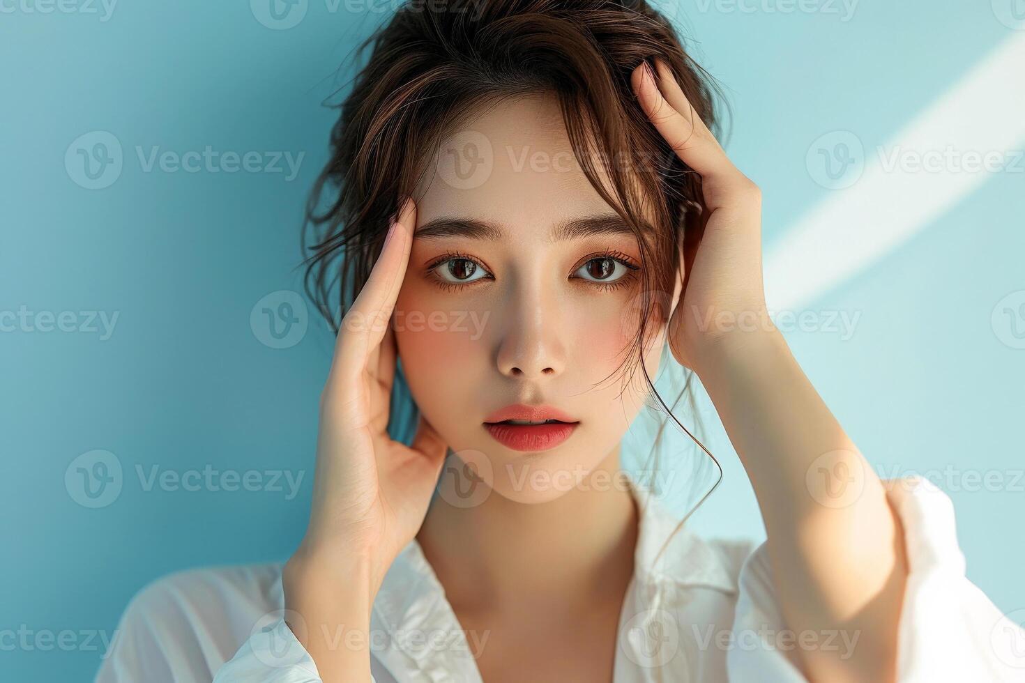 AI generated Portrait of a cheerful young woman with freckles in sunlight - Ai generated photo