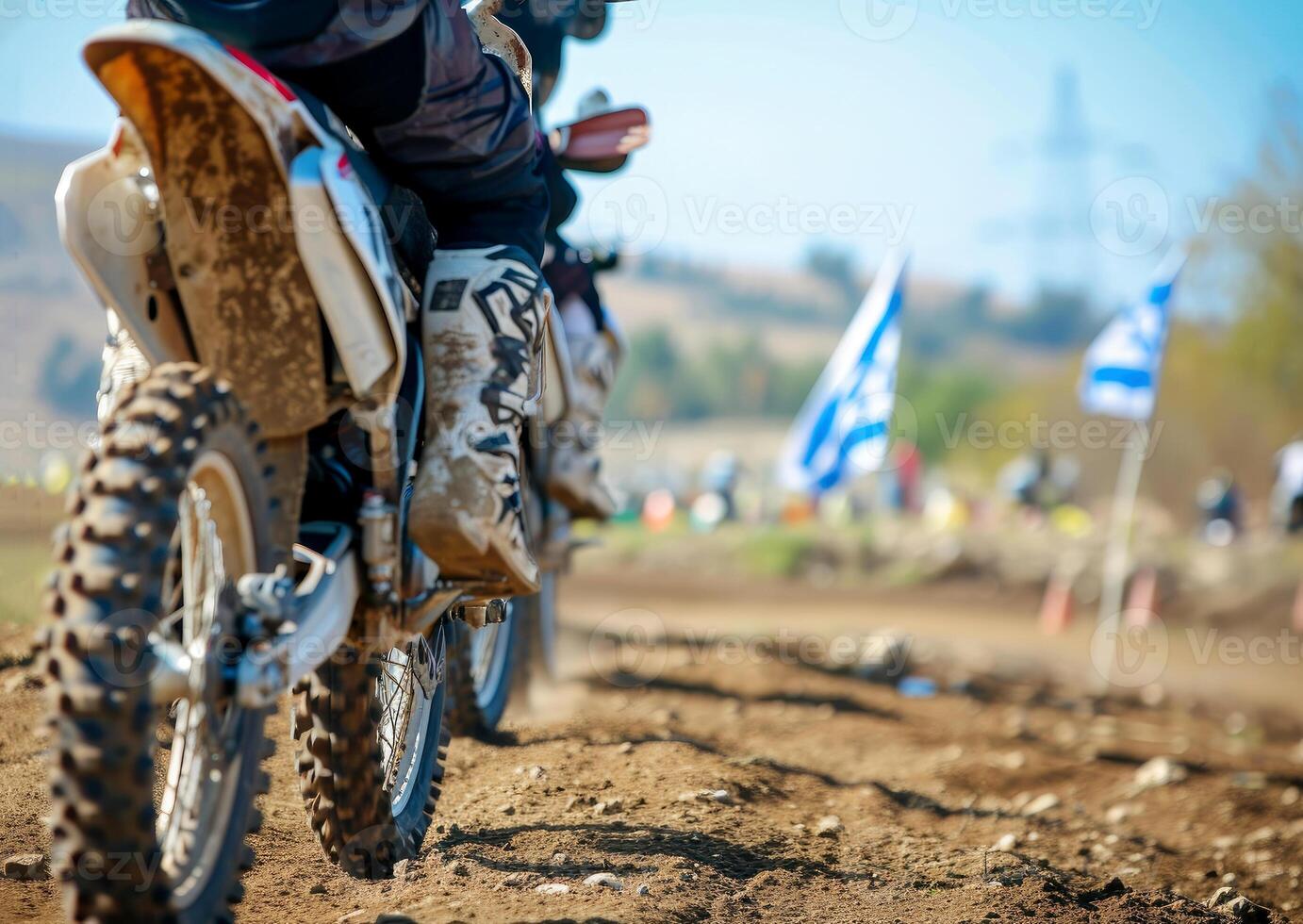 ai generado motocross jinete montando en suciedad pista de cerca neumático generativo ai foto