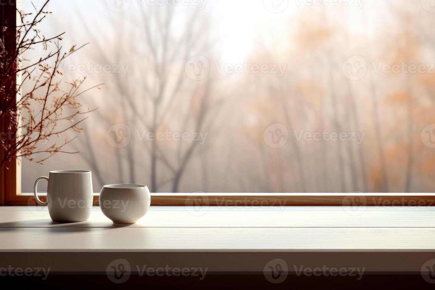 AI generated Empty White wooden table the background of a window for product Mockup. Generative AI photo