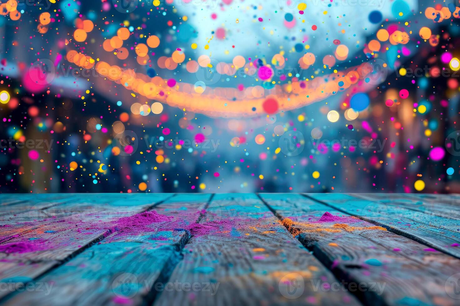 AI generated Colorful Holi powders on a top table with bokeh lights for mockup , AI generative photo