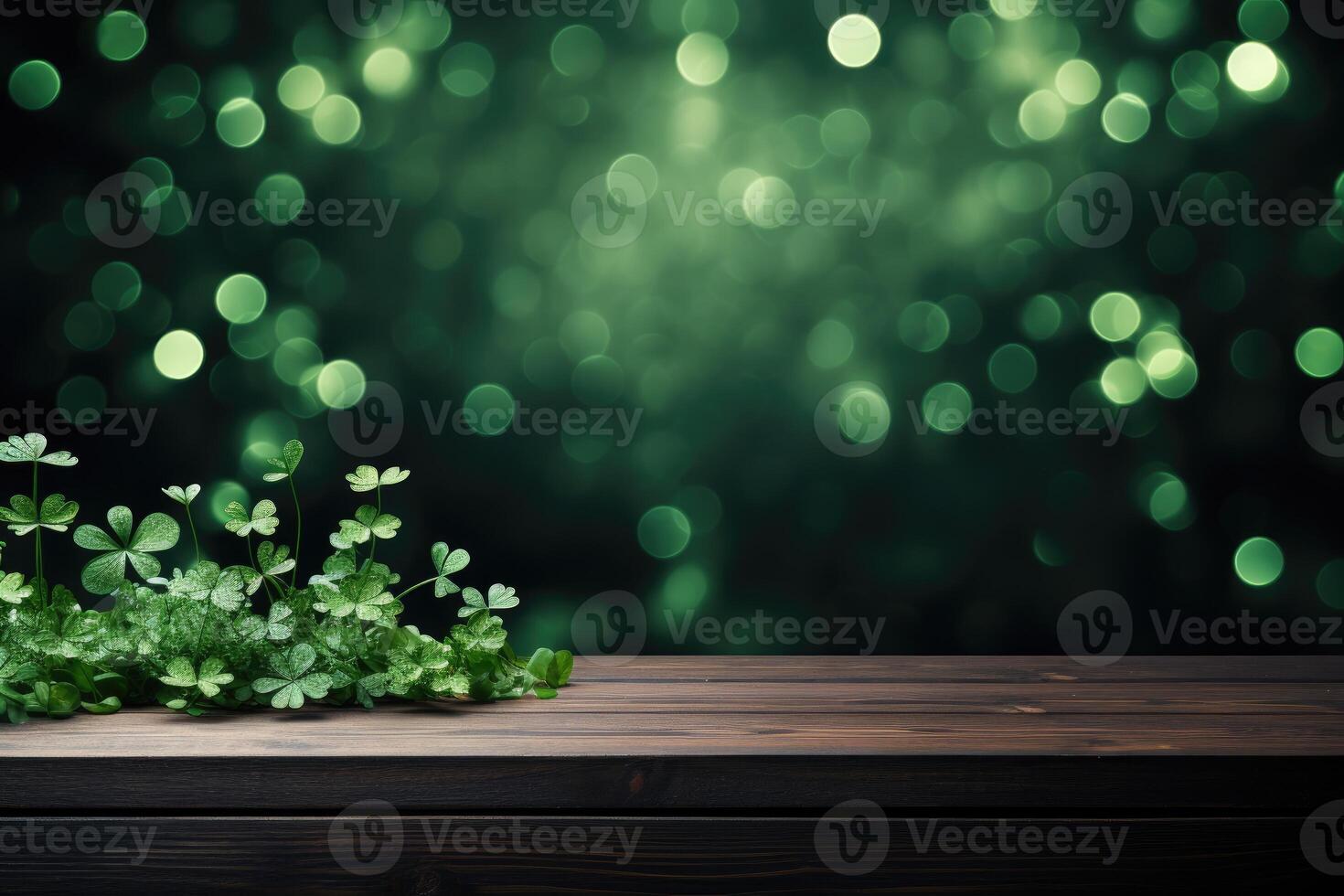 AI generated St. Patrick's Day concept. wooden table in front of shamrock leaf background . Generative Ai. photo