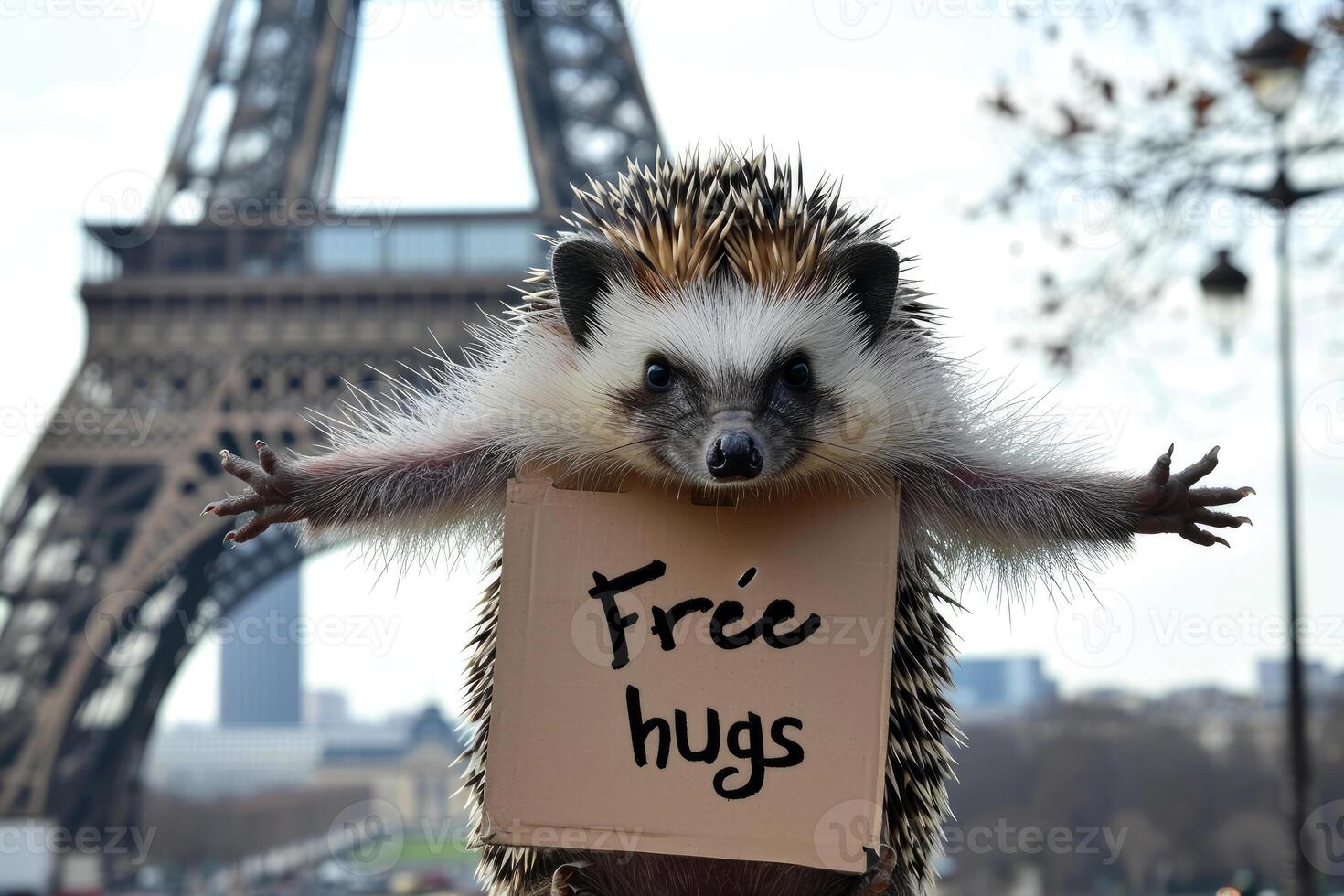 AI generated a hedgehog with Free hugs banner amused , generative ai photo