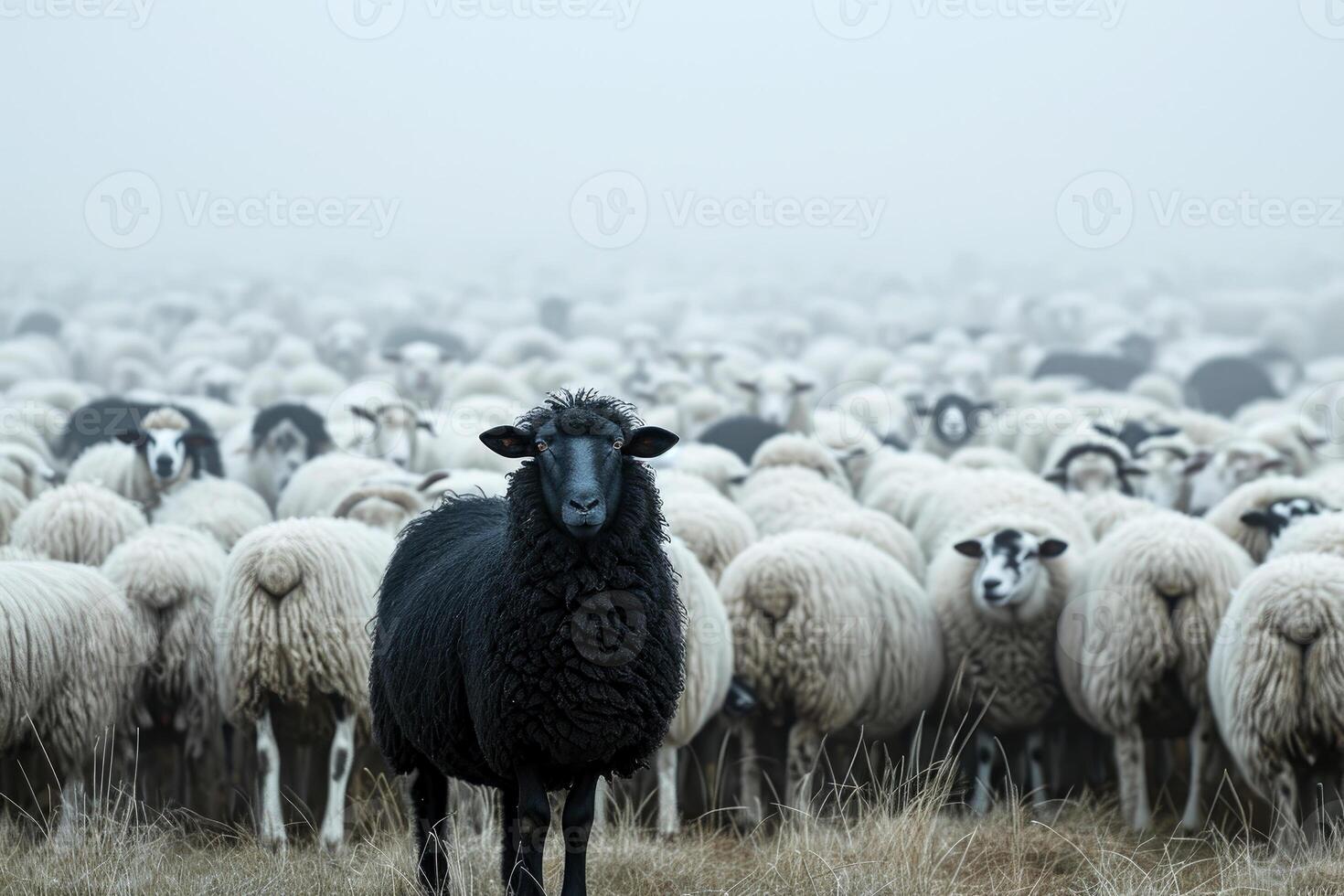 AI generated A flock of white sheep with black in the middle. generative ai photo