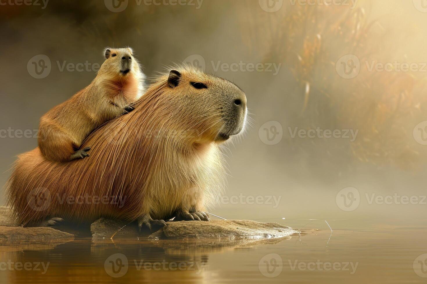 AI generated a capybara among crocodiles in the river.AI generative photo