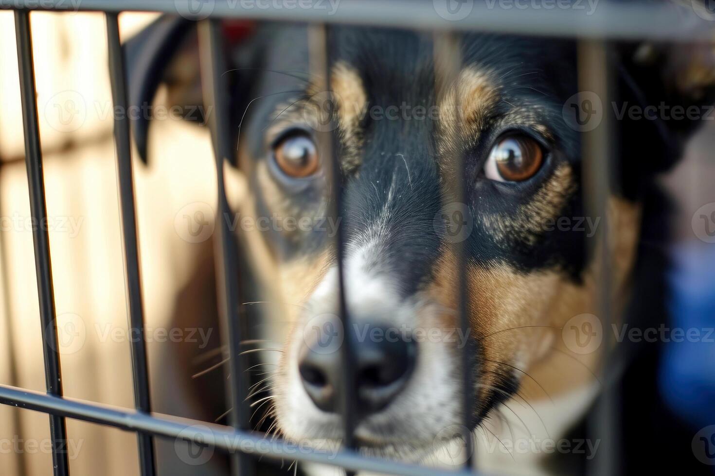 AI generated close up Sad large dogs caught in cage. Generative AI photo