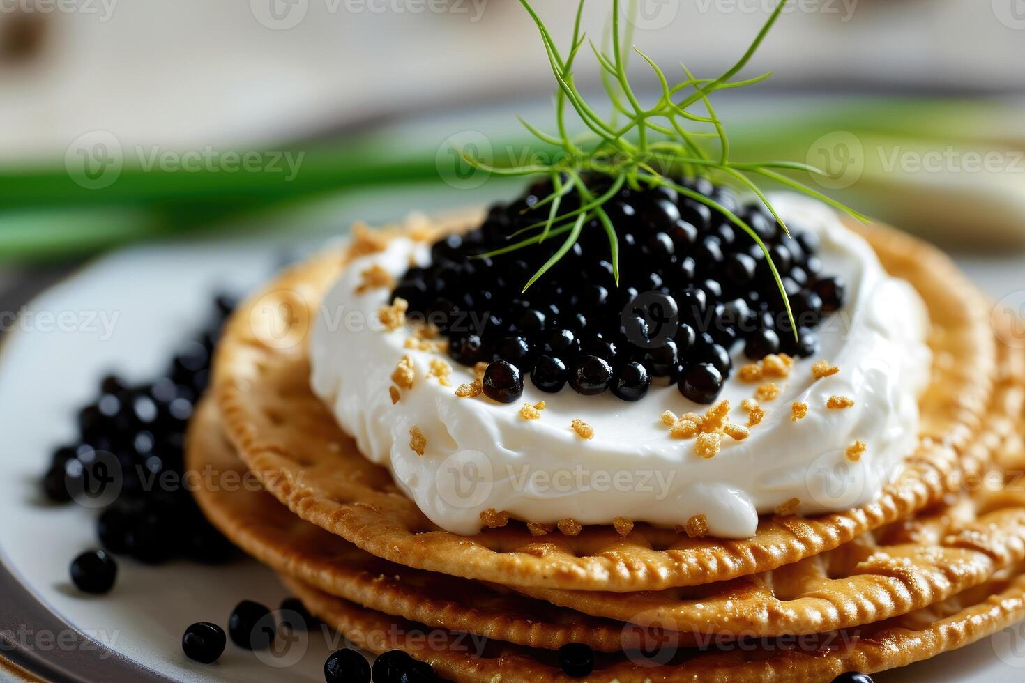 AI generated crackers with cream cheese and black caviar, Generative AI. photo