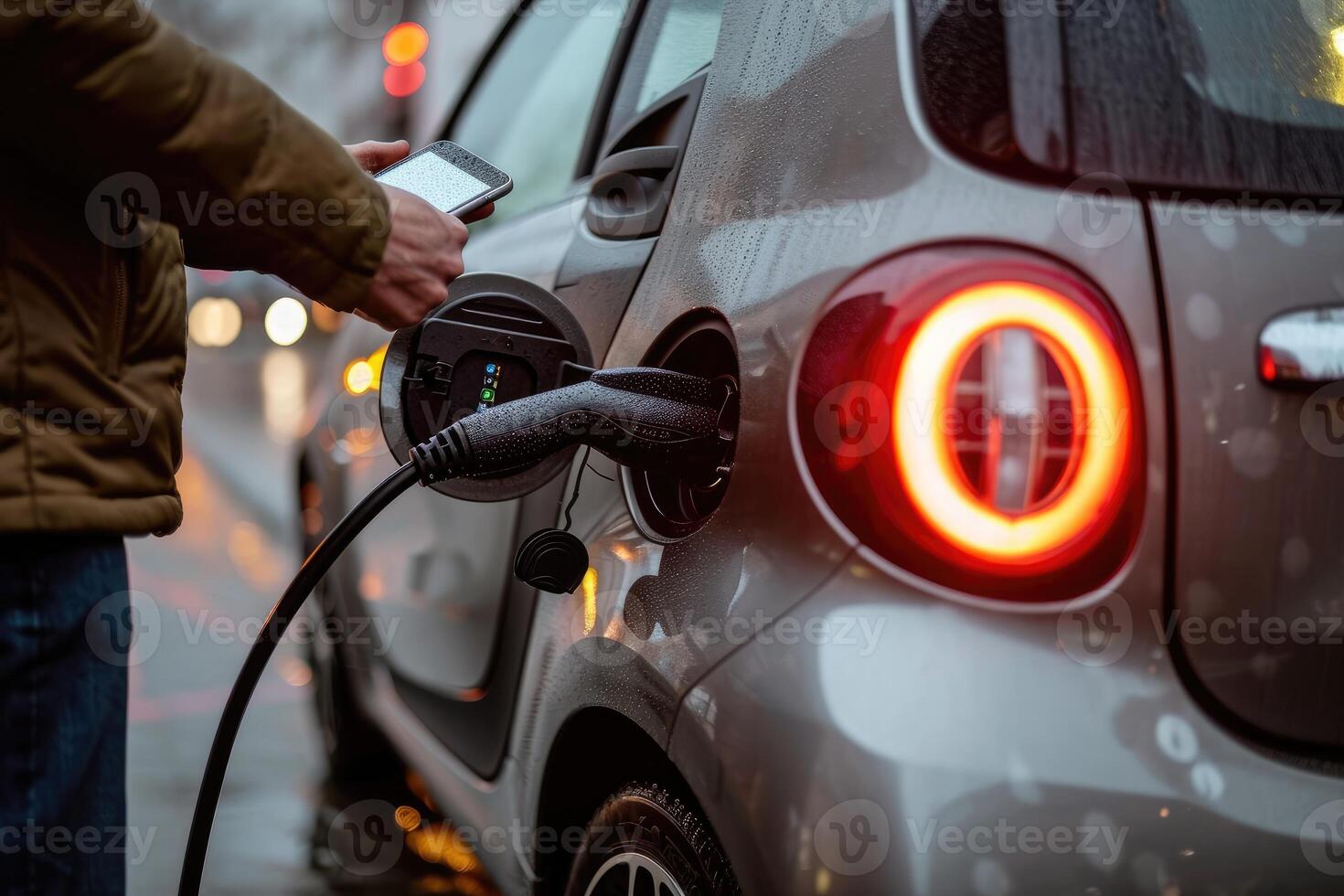 AI generated a man stands with his car at a charging station and operates it with his cell phone, generative AI photo