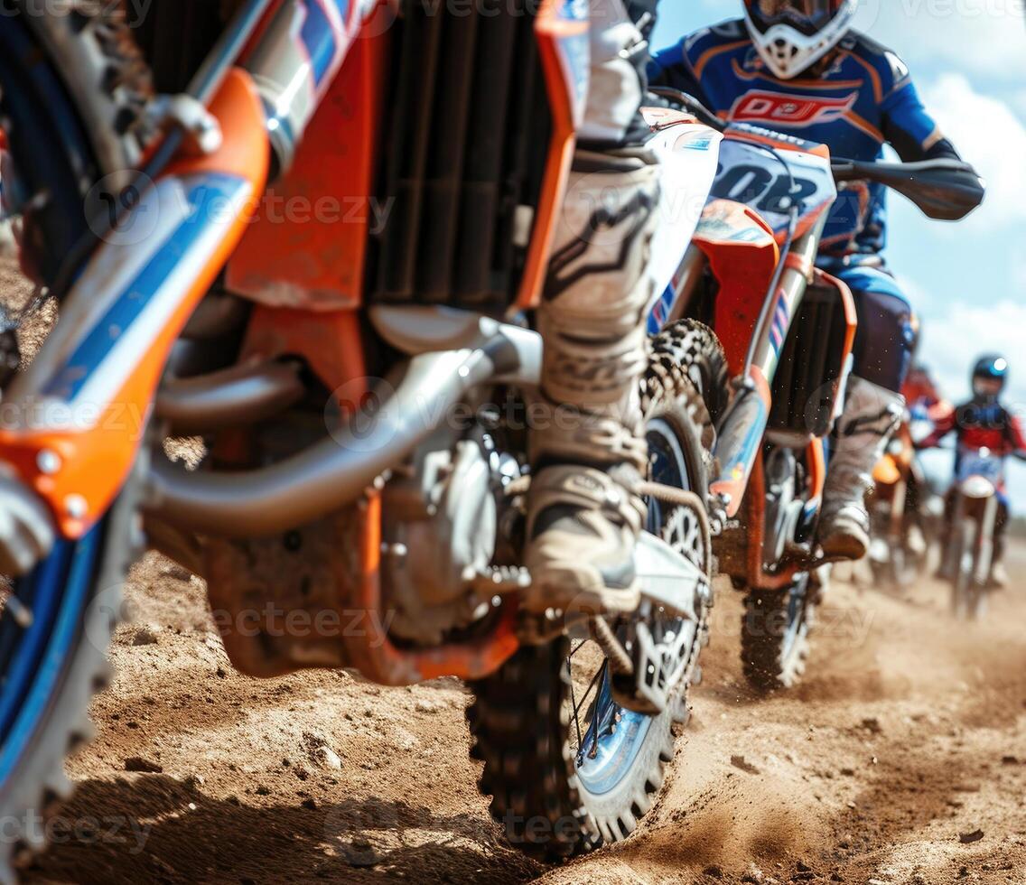 AI generated Motocross rider riding on dirt track closeup tyre Generative AI photo