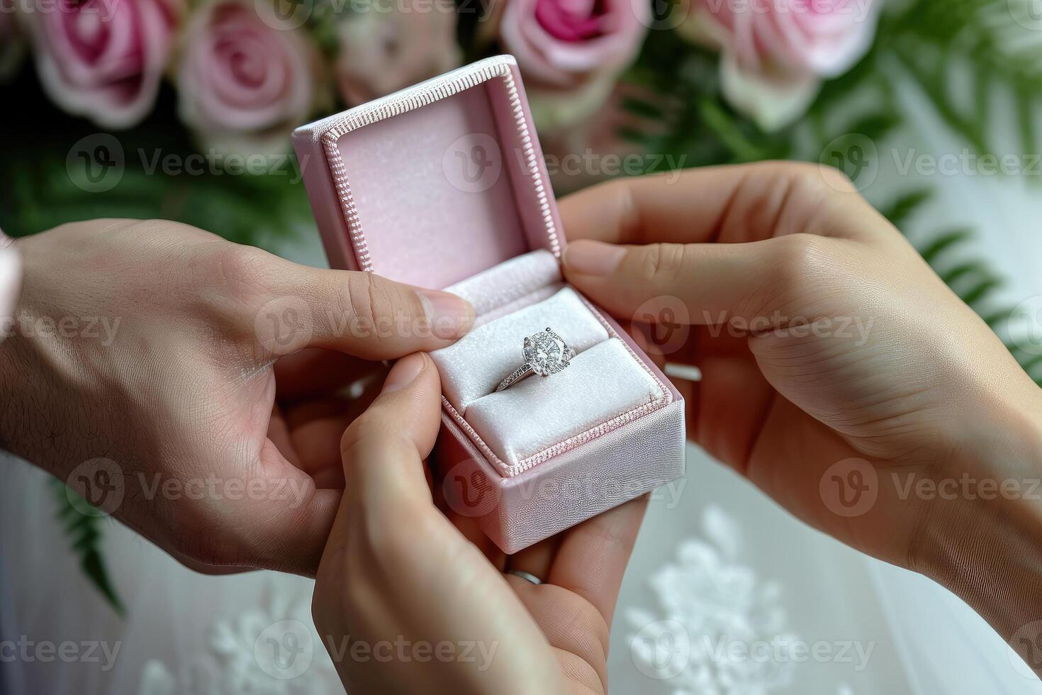 AI generated a couple of love that A man giving diamond ring in luxury box to woman on . ai generative photo