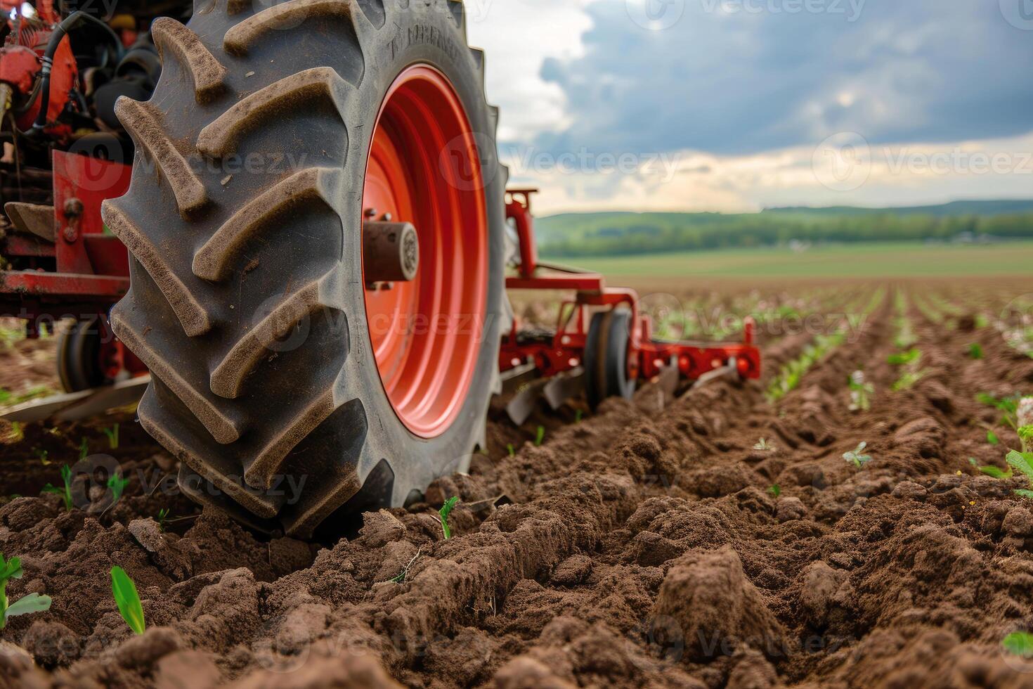 AI generated tractor plowing the field created with generative ai photo