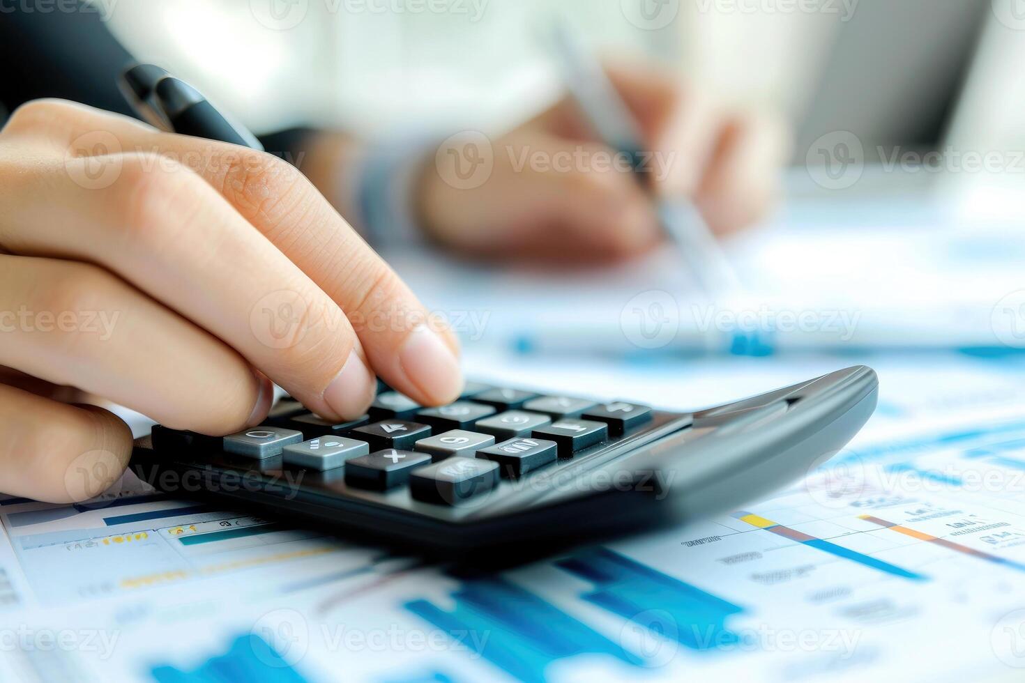 AI generated Financial data analyzing counting concept for Businessman's hands with calculator and laptop on desk in modern office. Generative AI photo