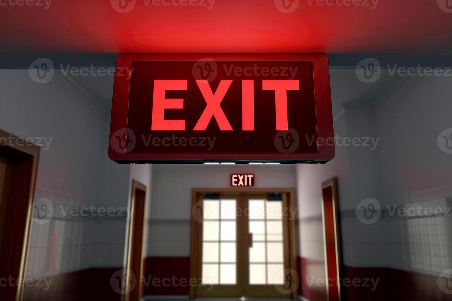 AI generated The Exit sign glowing in red shows the word EXIT to doorway. Generative AI. photo