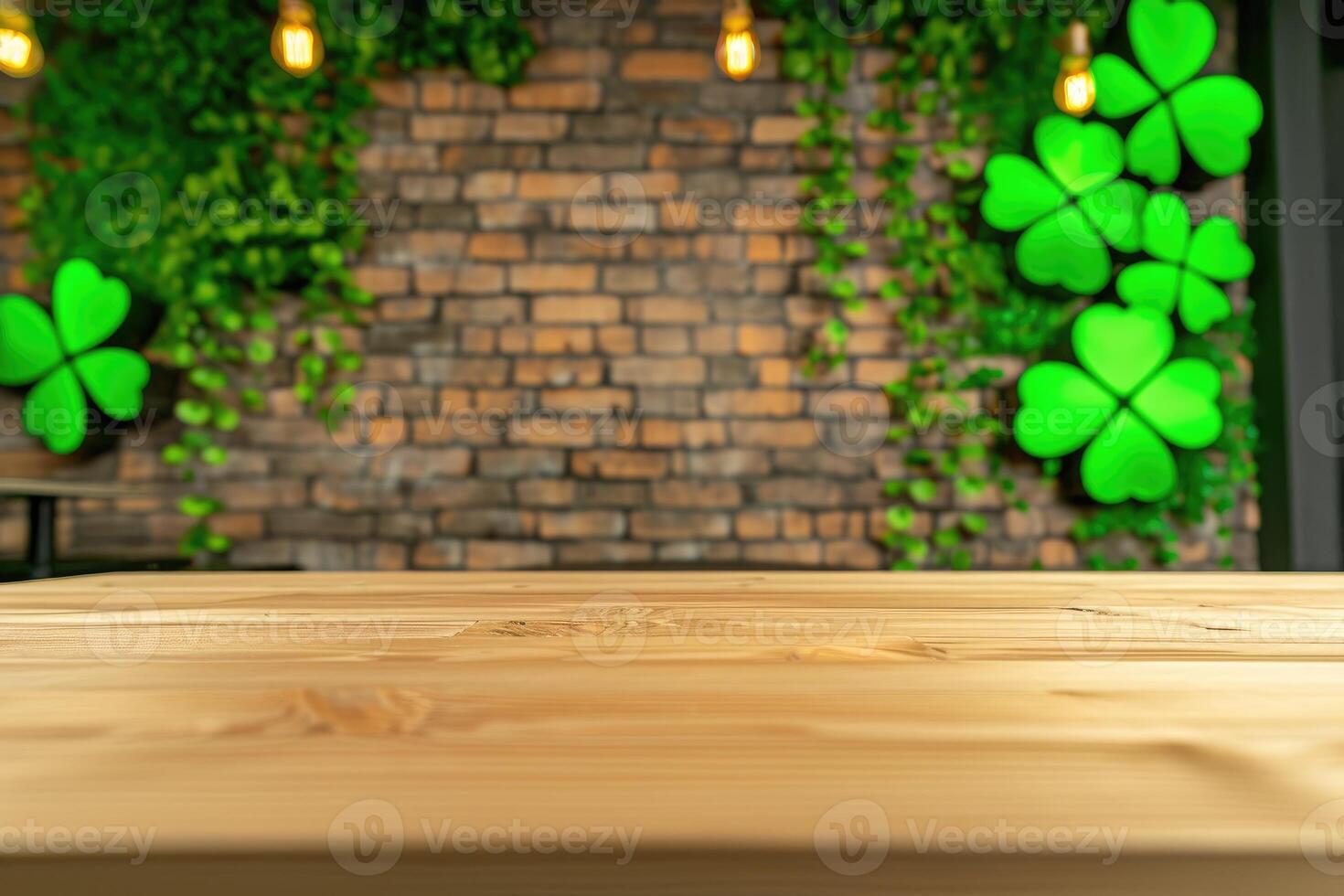 AI generated St. Patrick's Day concept. wooden table in front of shamrock leaf background . Generative Ai. photo