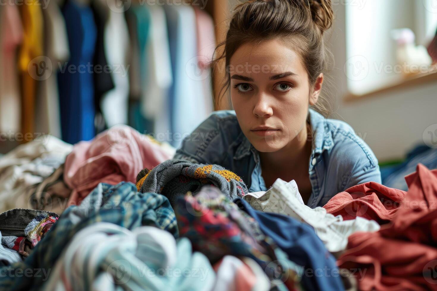 AI generated woman with worried face and gesture surrounded by dirty laundry. AI generative photo