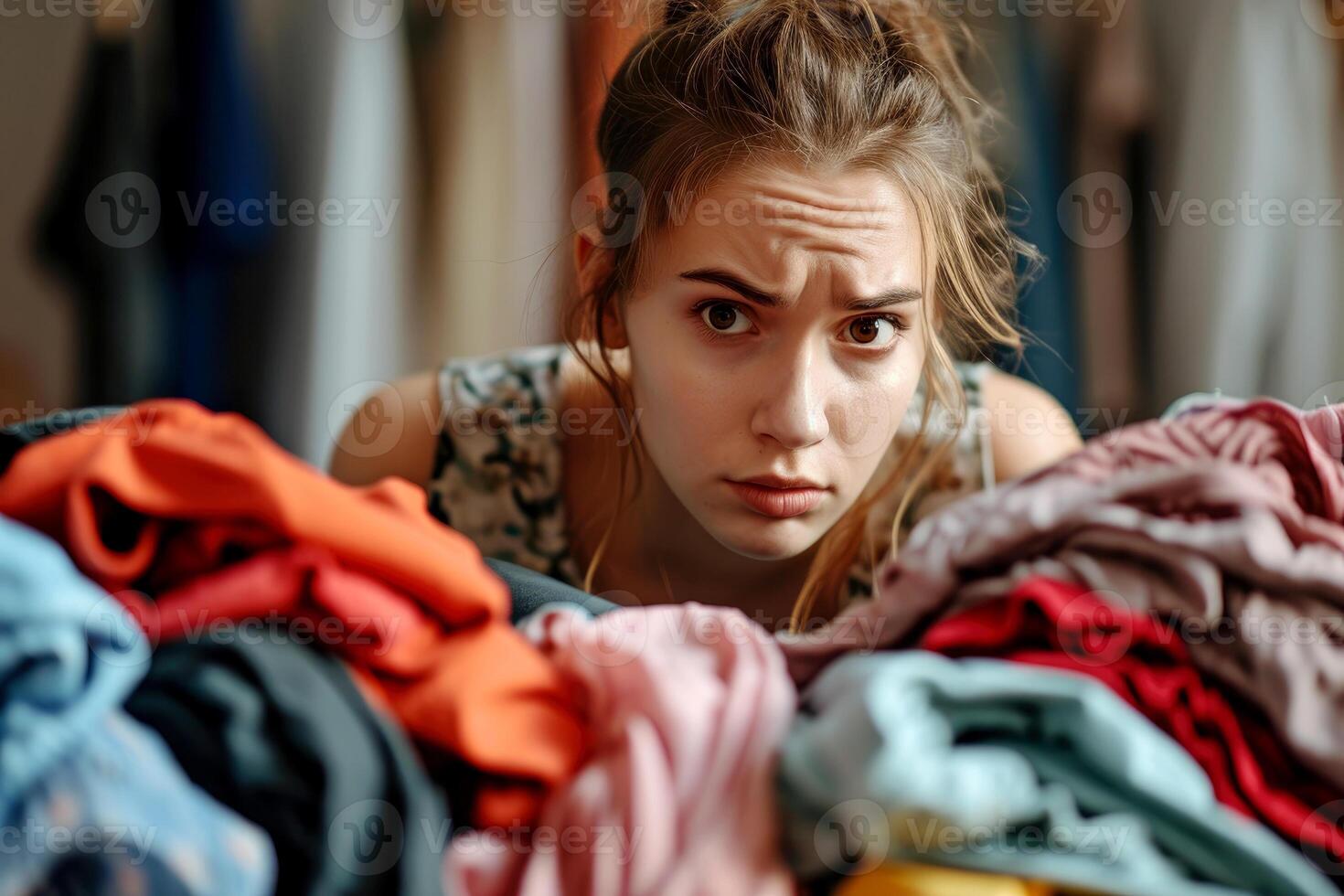 AI generated woman with worried face and gesture surrounded by dirty laundry. AI generative photo