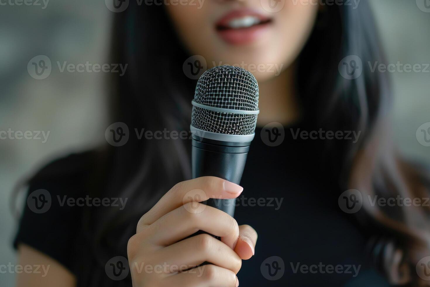 AI generated Woman reporter with a microphone at work. AI generated, human enhanced photo