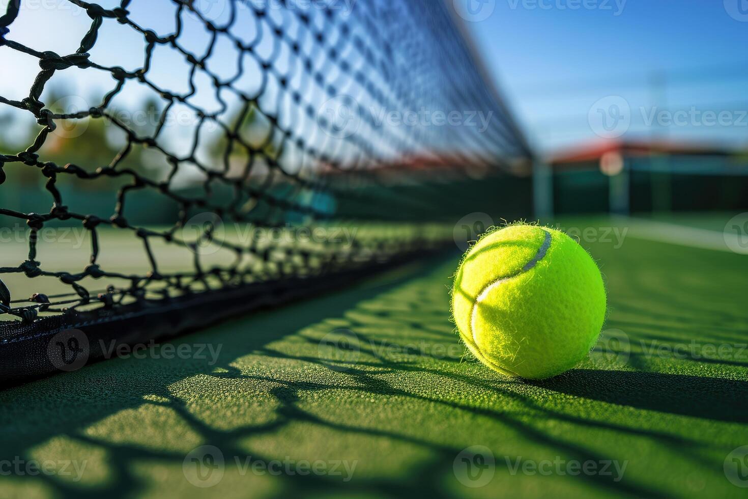 AI generated tennis ball on the line court near net . generative ai photo