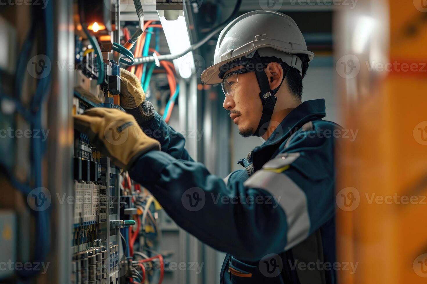 ai generado electricista hombre trabajador comprobación eléctrico caja en un oficina habitación . generativo ai foto