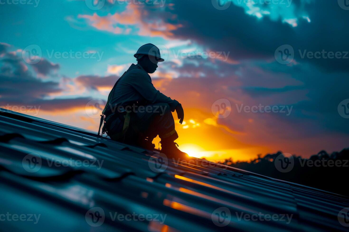 AI generated Construction worker hands working on roof tiles installation closeup. Generative AI photo