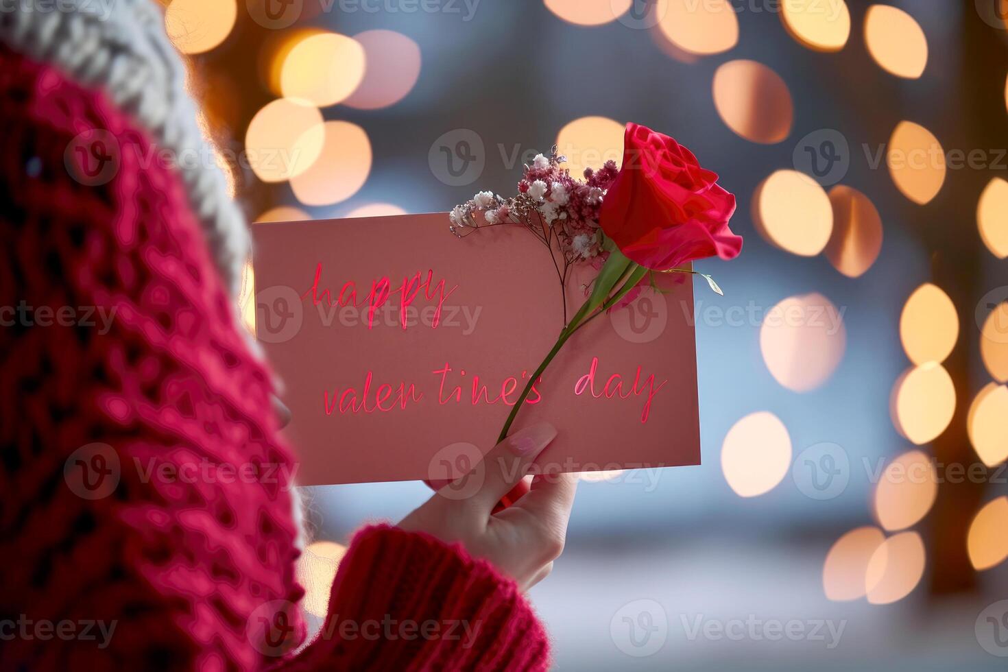 AI generated woman hold Happy valentines day greeting card. valentine day concept .generative ai photo