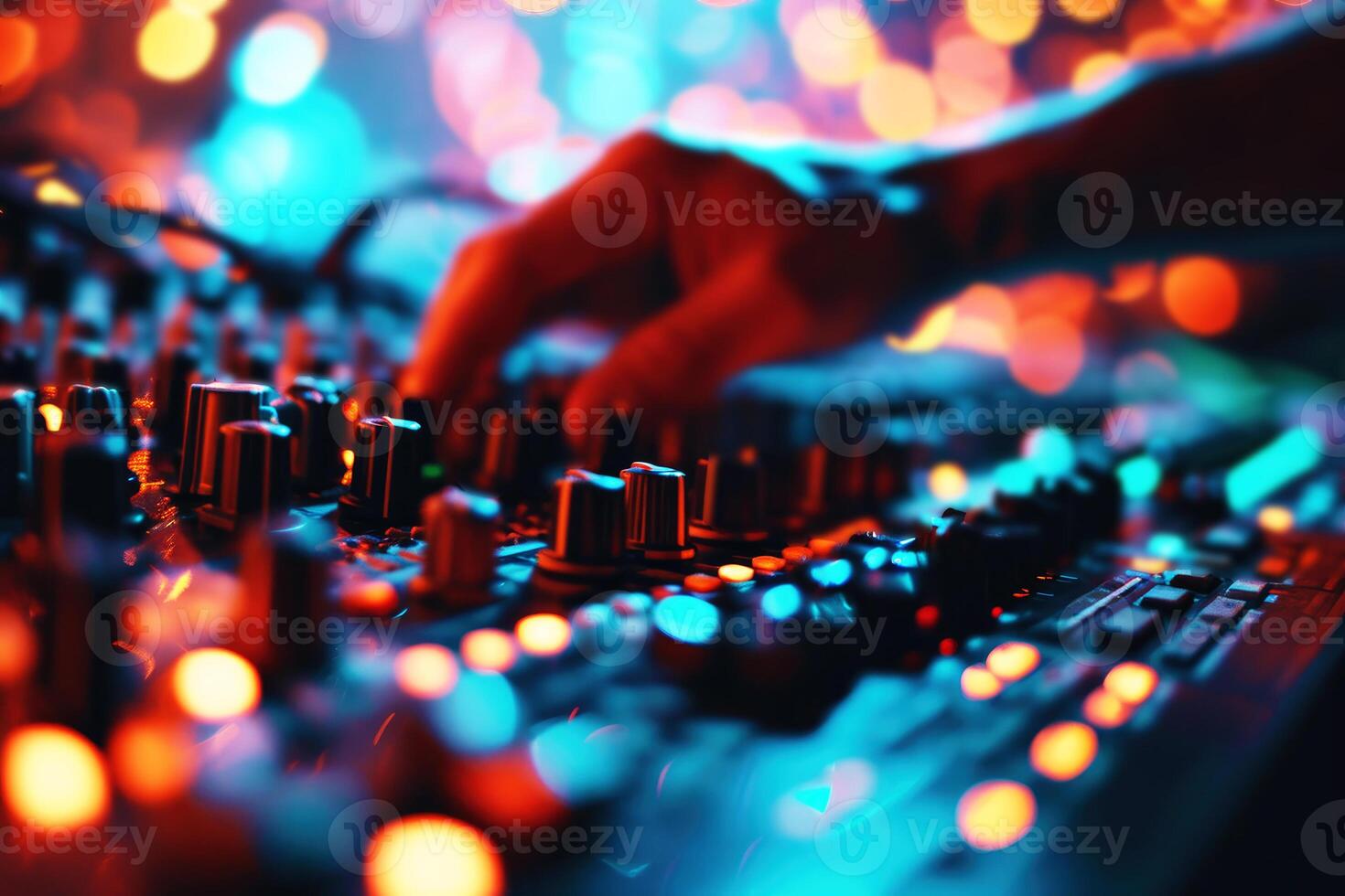 AI generated Hands of professional sound producer working on mixing desk in recording studio, Generative AI photo