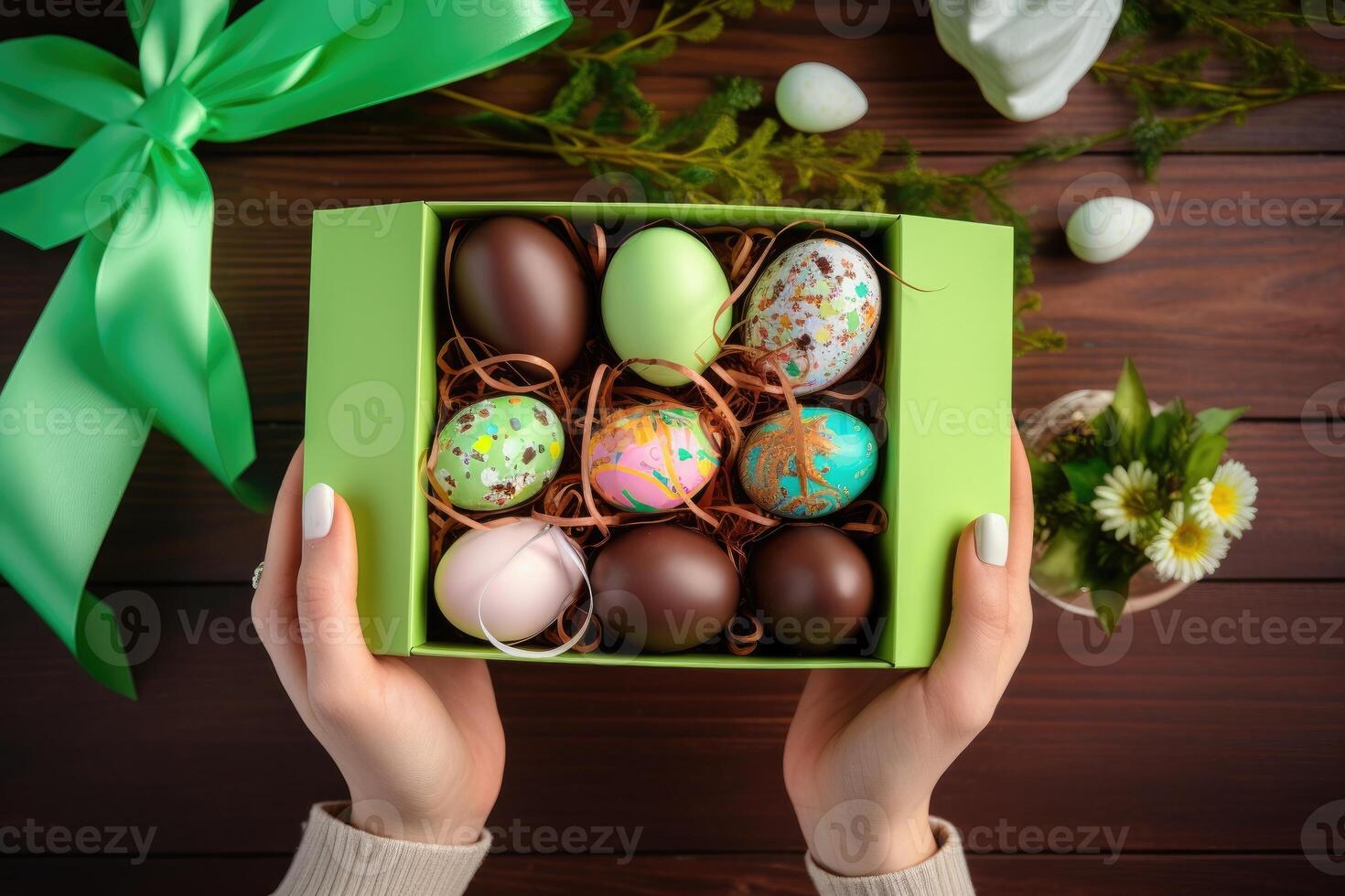 AI generated woman hold chocolate elegant Easter eggs, in a box. AI generative photo