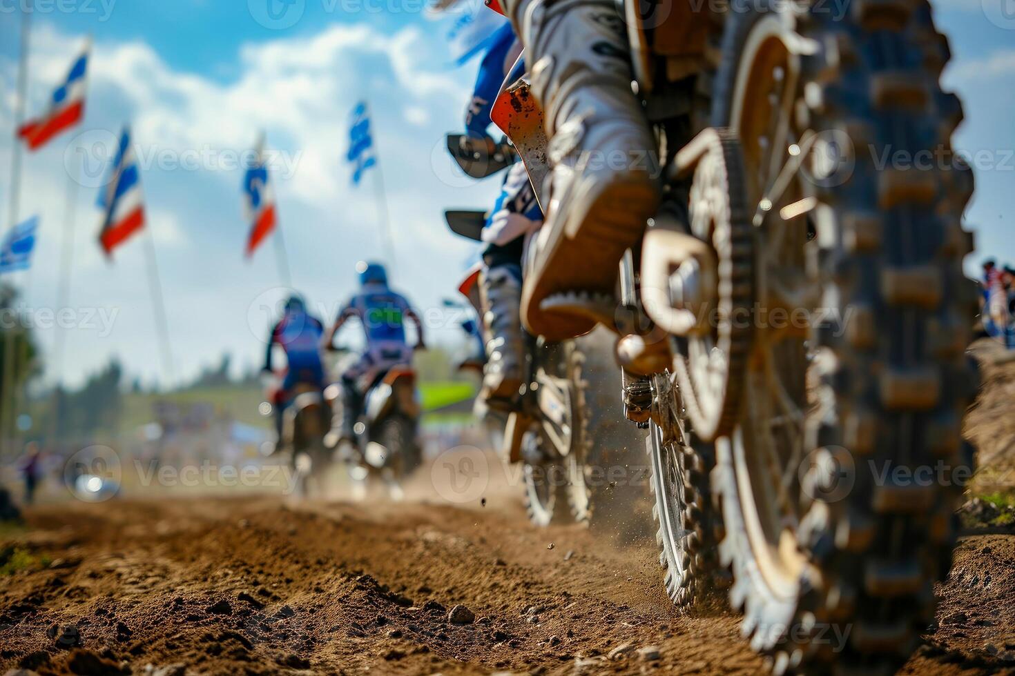 ai generado motocross jinete montando en suciedad pista de cerca neumático generativo ai foto