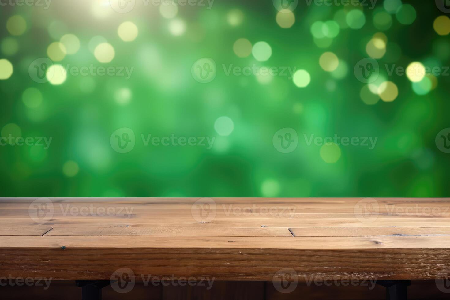 AI generated St. Patrick's Day concept. wooden table in front of shamrock leaf background . Generative Ai. photo