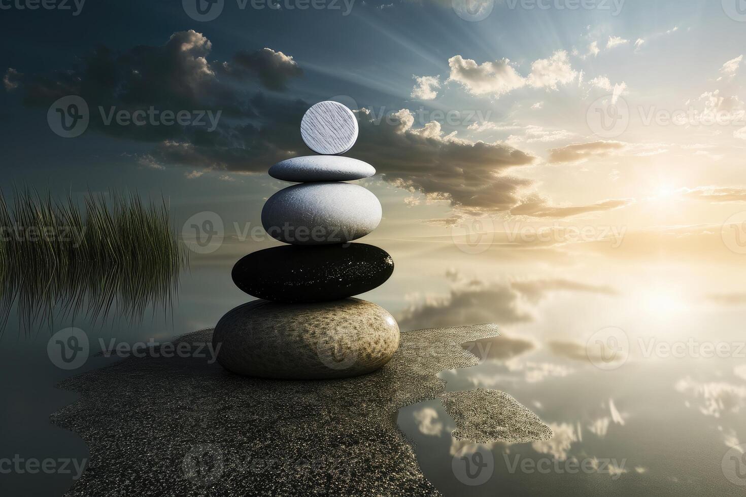 AI generated a stack of rocks sitting on top of a pile of rocks in day and night background . generative ai photo