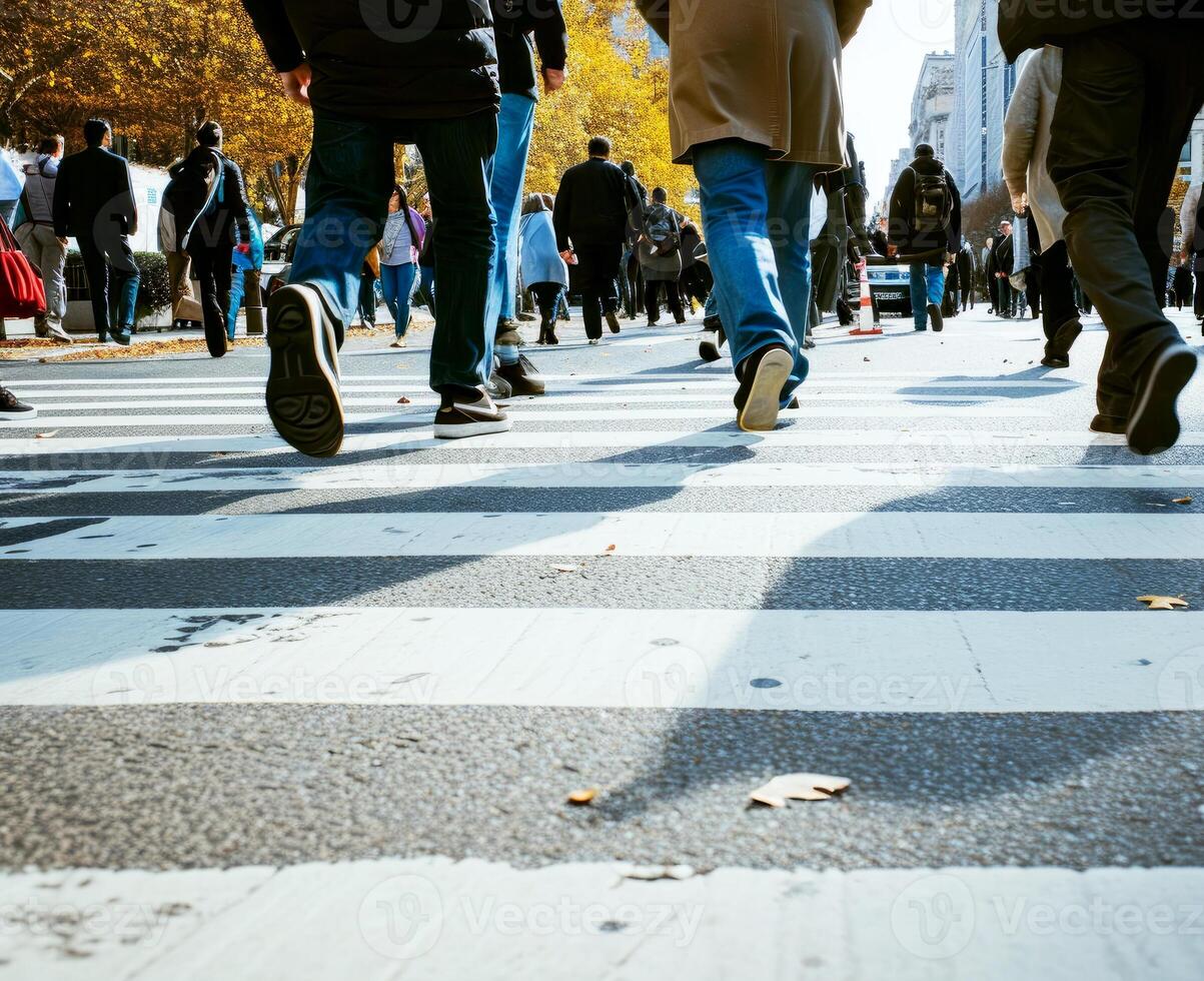 AI generated crowd people walking on crosswalk in the city street . Generative AI photo