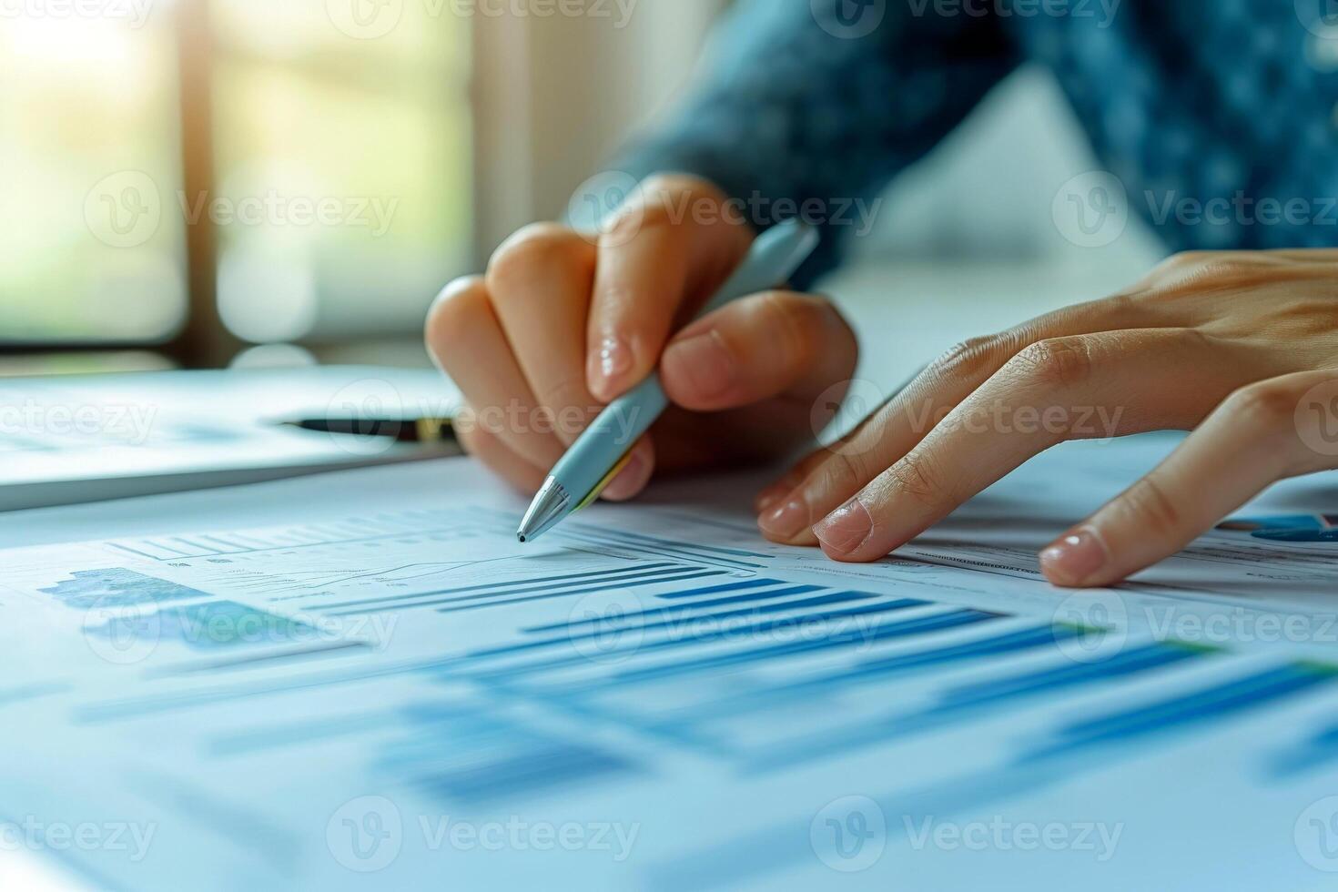 AI generated close up hand Businessman review report. Graphs and charts. Business reports concept Ai generated photo
