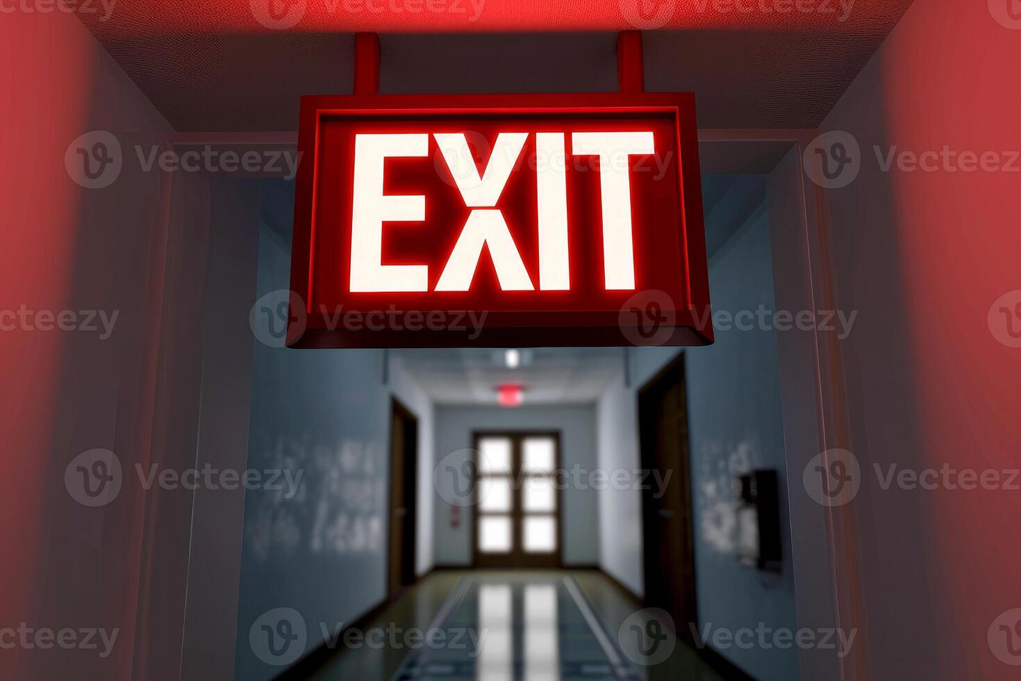 AI generated The Exit sign glowing in red shows the word EXIT to doorway. Generative AI. photo